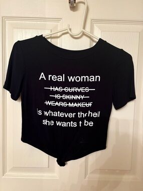 Graphic Tee - Black "A Real Woman" Knot Front Top